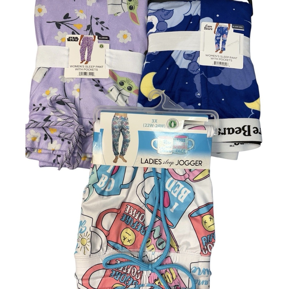 Women's Pajama Pants Trio: Grogu Yoda, Care Bears & Personality Mugs Sz 3X NWT